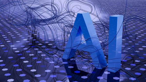Buchstaben "AI" in technisch anmutender Umgebung, KI-generiertes Bild